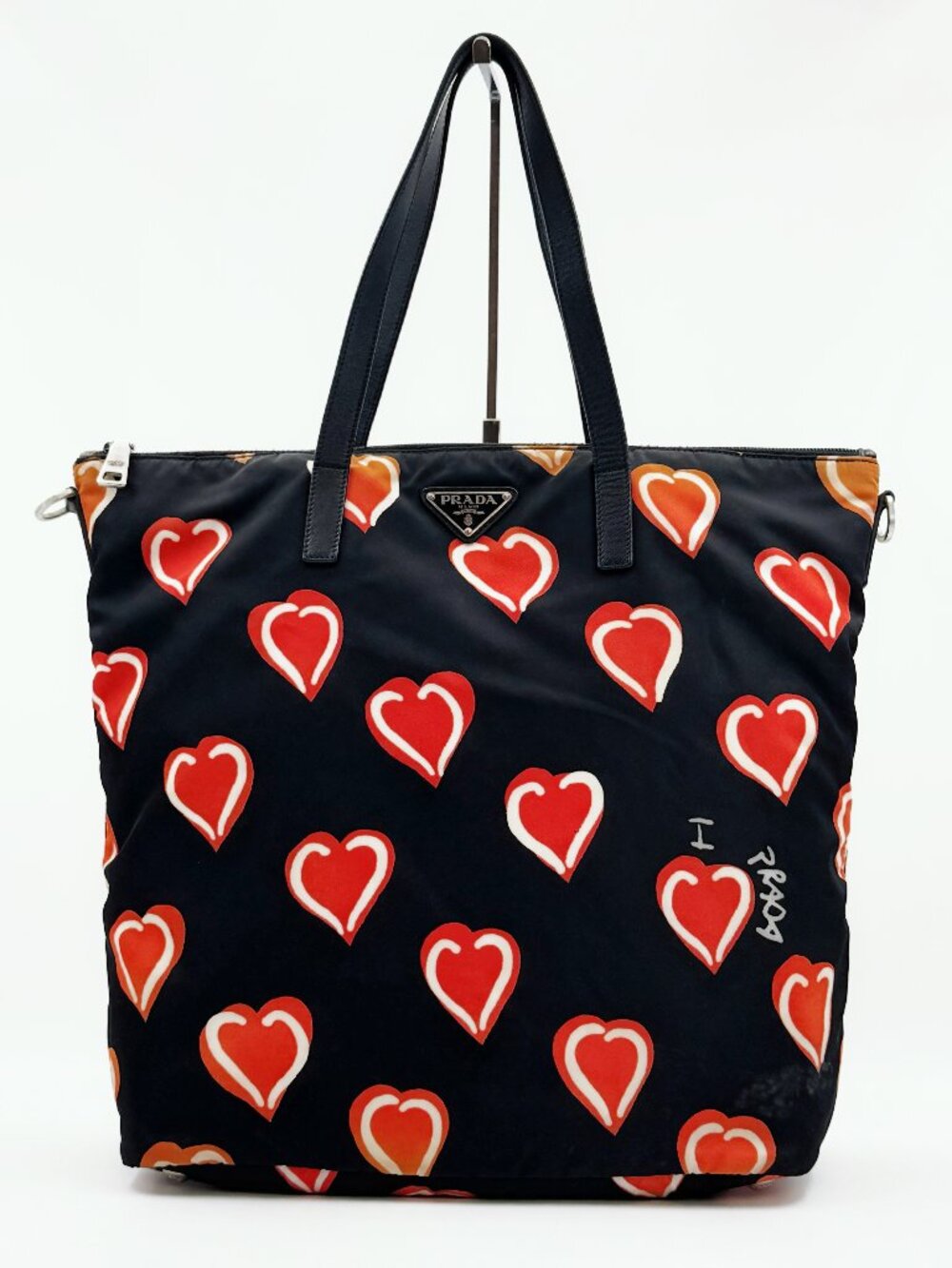Prada Black Nylon Heart Print Tote Bag Red Orange Hearts Shoulder Bag